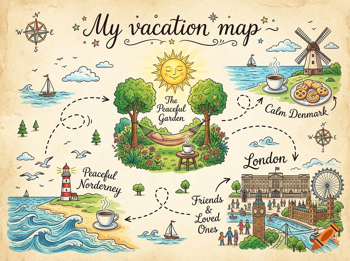 An illustrated vacation map depicting different locations including a garden, Denmark, Norderney, and London, with various icons and lettering.