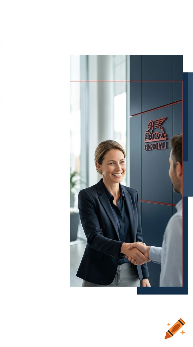 A smiling professional woman in a suit shakes hands with a man inside an office next to a wall featuring the Generali logo.