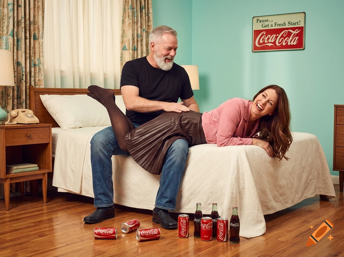 A man smiling while playfully spanking a laughing woman on a bed in a 1950s style setting with Coca-Cola bottles.