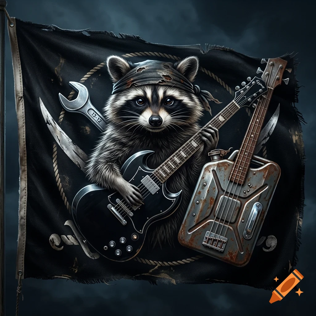 A raccoon wearing a bandana holds an electric guitar in front of a dark, tattered flag featuring a wrench, a jerrycan bass guitar, and crossed blades.