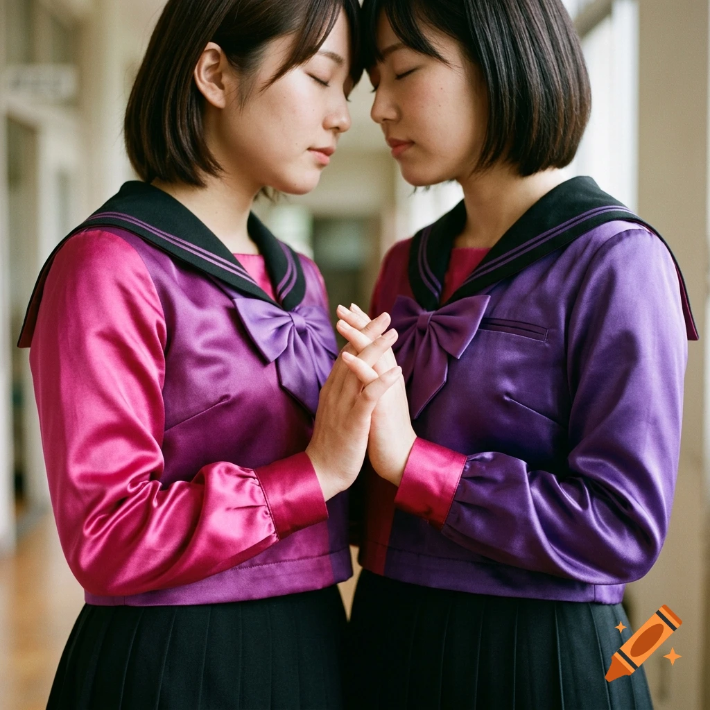 Photorealistic image of two young Japanese women in sailor uniforms with purple and magenta tops, holding hands with eyes closed.
