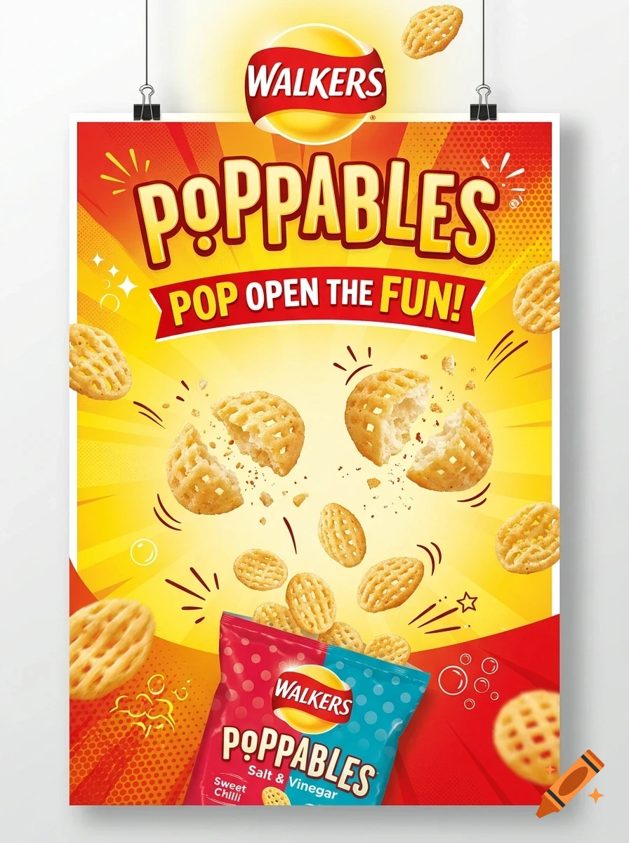 An advertisement poster for Walkers Poppables snacks featuring floating crispy snacks, a product bag, and bold lettering against a bright red and yellow background.