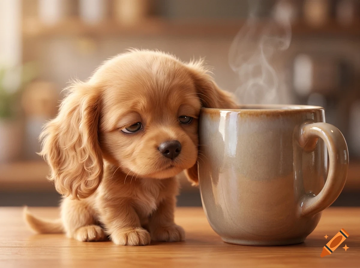 A sleepy golden puppy resting its head against a steaming ceramic mug on a wooden table.