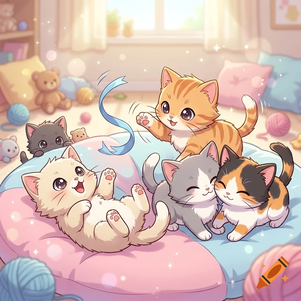 Five cute cartoon kittens playing with toys on pillows in a brightly lit room.