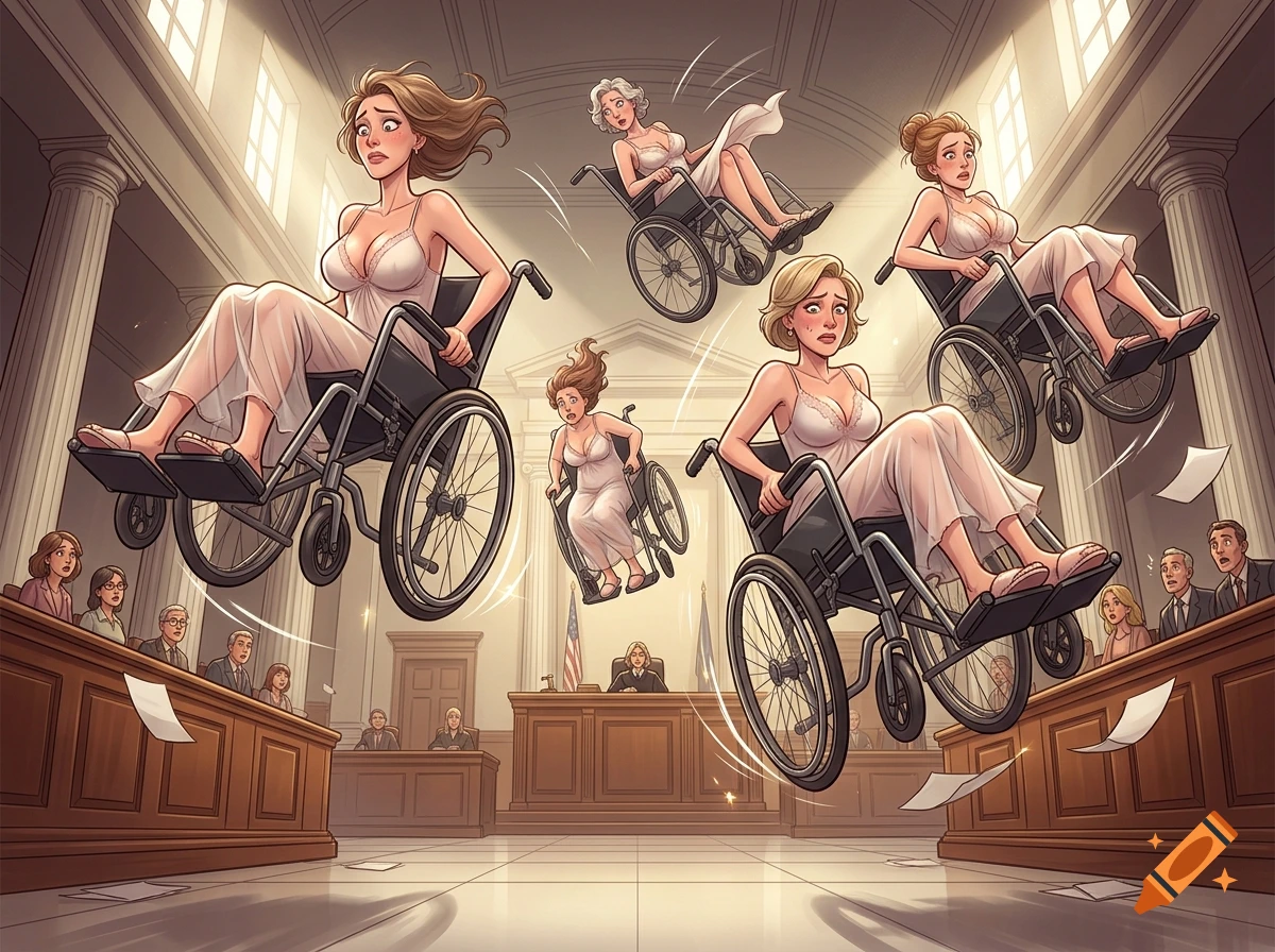 Comic illustration of women in white nightwear falling mid-air in wheelchairs inside a large courtroom with embarrassed expressions.