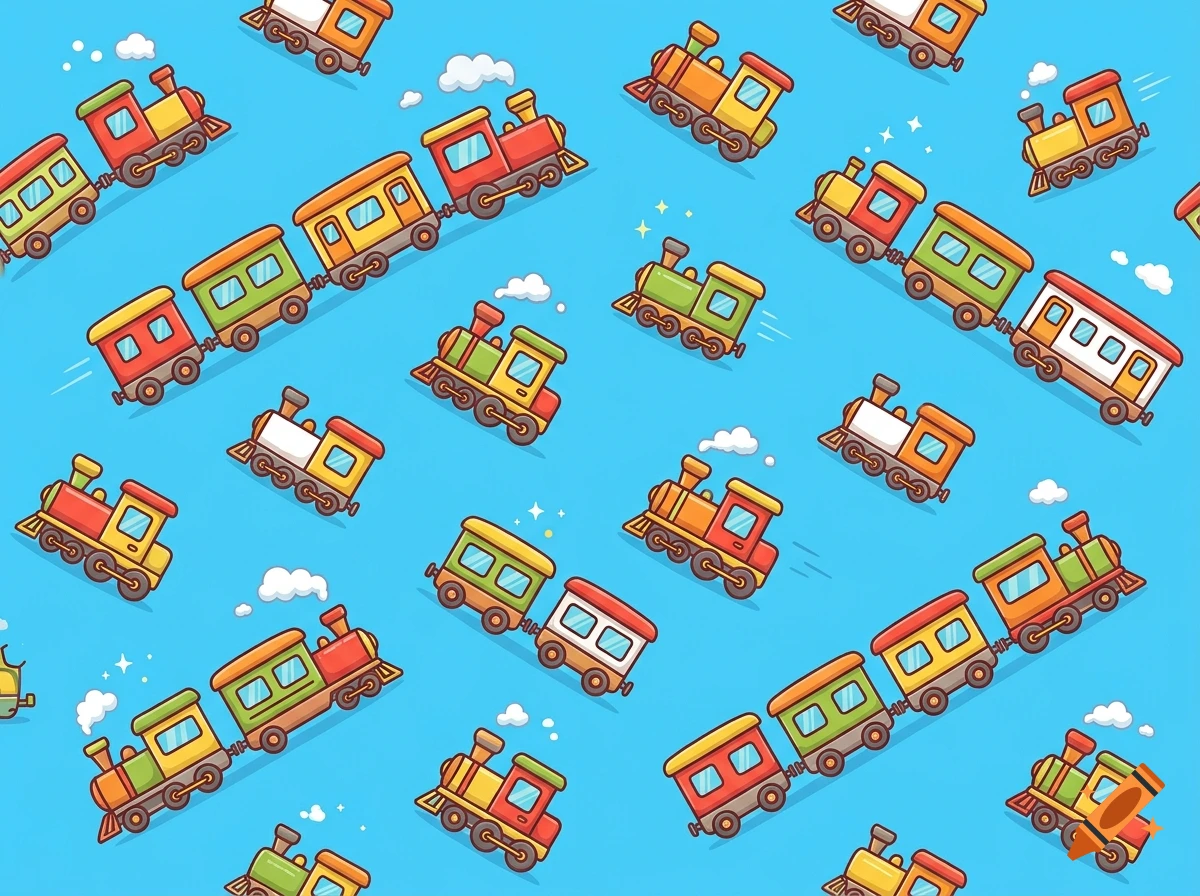 Cartoon style pattern of colorful toy trains scattered across a blue background.