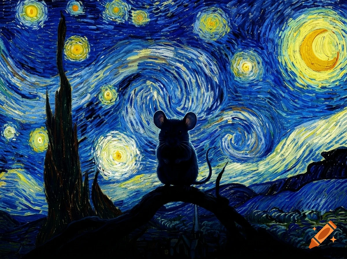 A dark mouse sits on a branch against a swirling blue and yellow starry night sky reminiscent of Van Gogh's style.