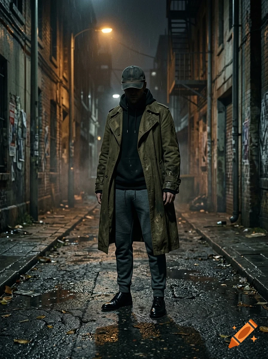 A person in a coat and cap stands in a dark alleyway at night.