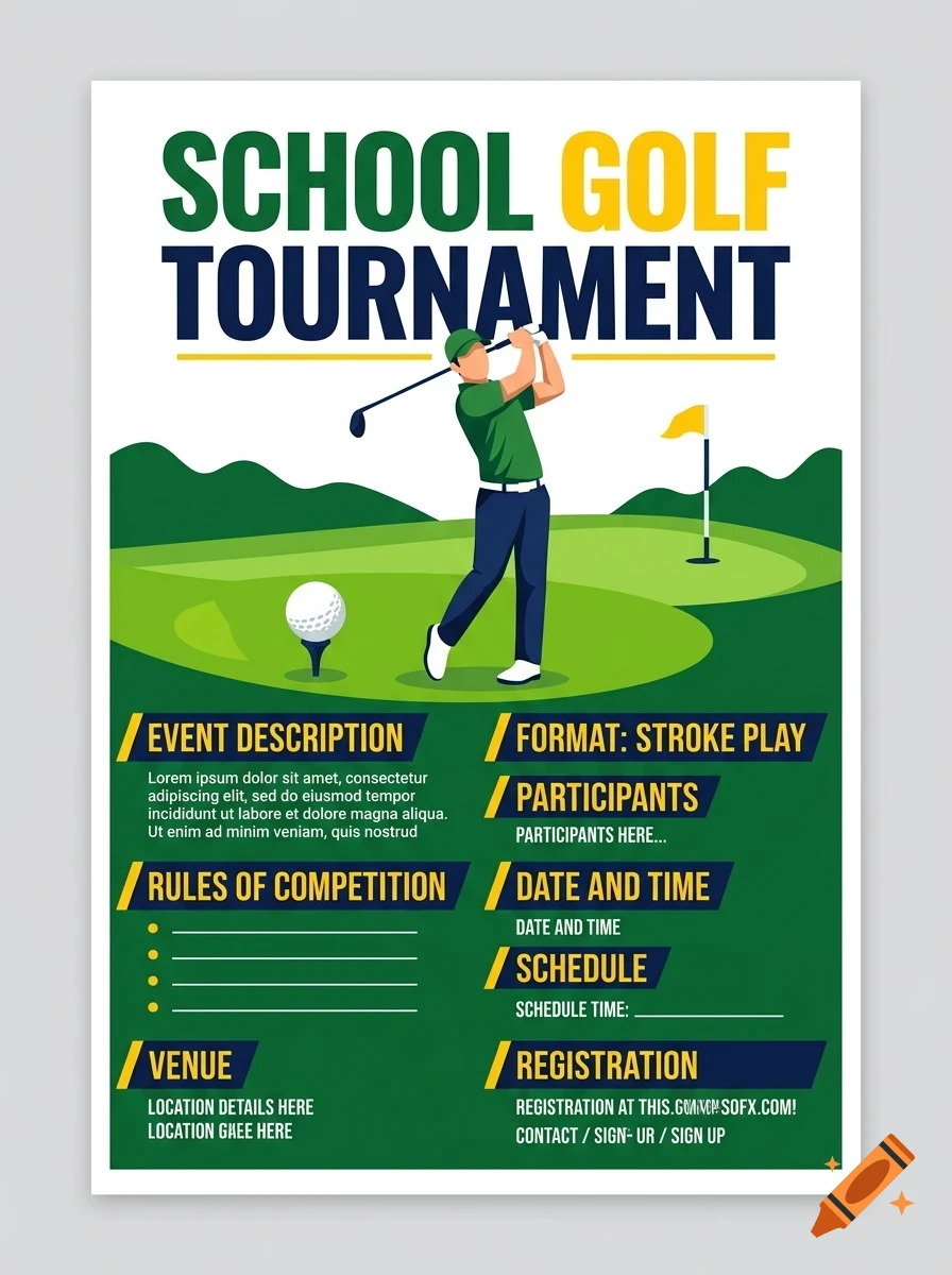 A poster for a school golf tournament featuring a golfer swinging a club on a green course, with placeholder text for event details.