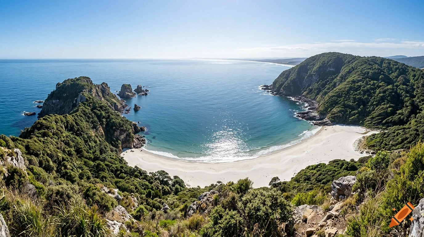 Panoramic photograph of a scenic white sand beach framed by verdant forested cliffs and calm blue ocean under a clear sky.