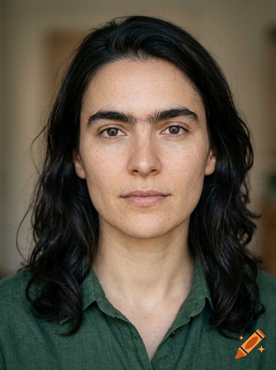 Close-up photorealistic portrait of a woman with dark hair and a thick unibrow, wearing a green button-down shirt.