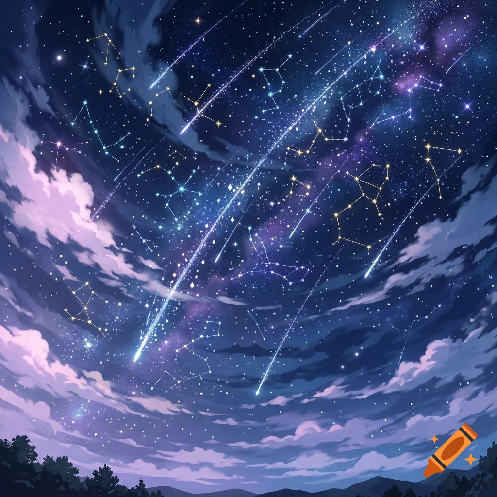 A night sky filled with stars, constellations, shooting stars, and wispy clouds over a dark silhouette of trees and hills.