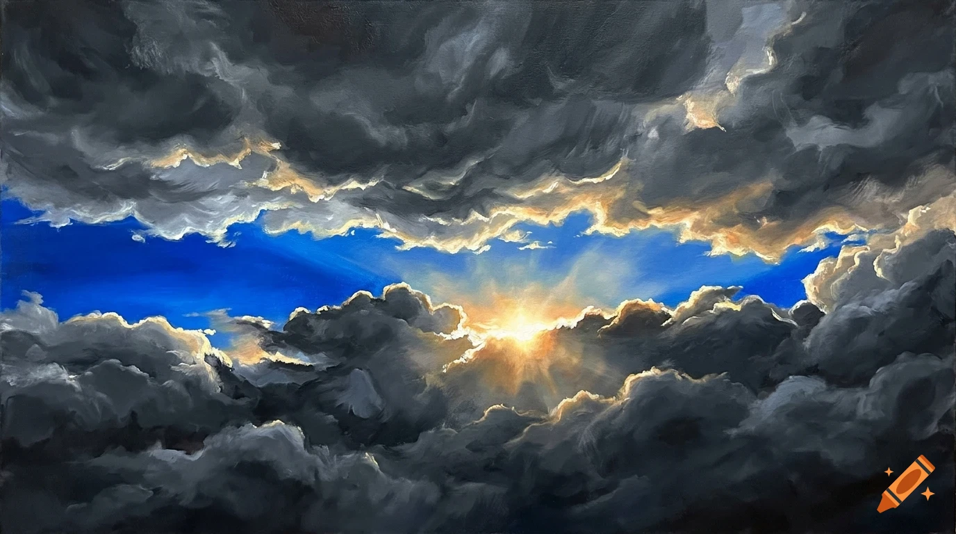 An oil painting of a bright sun shining through a dramatic gap in heavy, dark storm clouds, revealing a vivid blue sky.