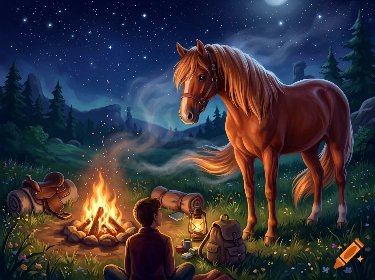 A person sits by a campfire at night in a grassy clearing with a brown horse, a saddle, sleeping rolls, and camping gear under a starry sky.