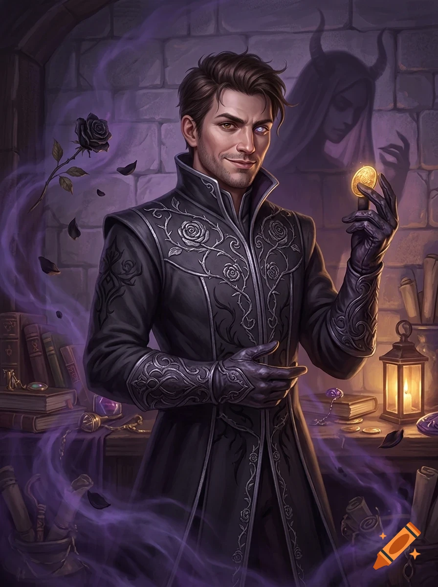 A man in a dark embroidered coat holding a glowing coin, with a shadowy horned figure and purple smoke behind him in a stone room.