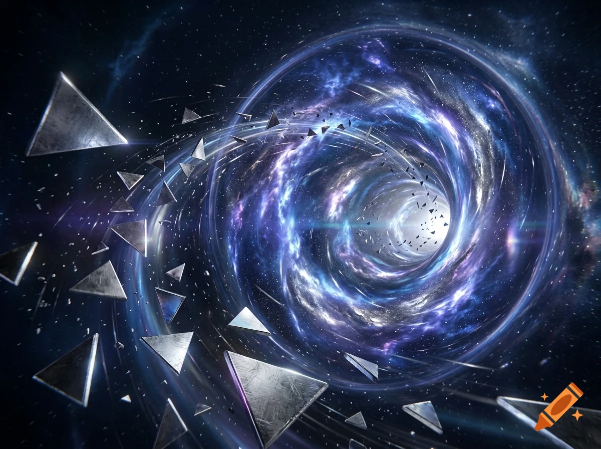 A cosmic vortex and swirling galaxy with metallic triangular objects floating inside space.