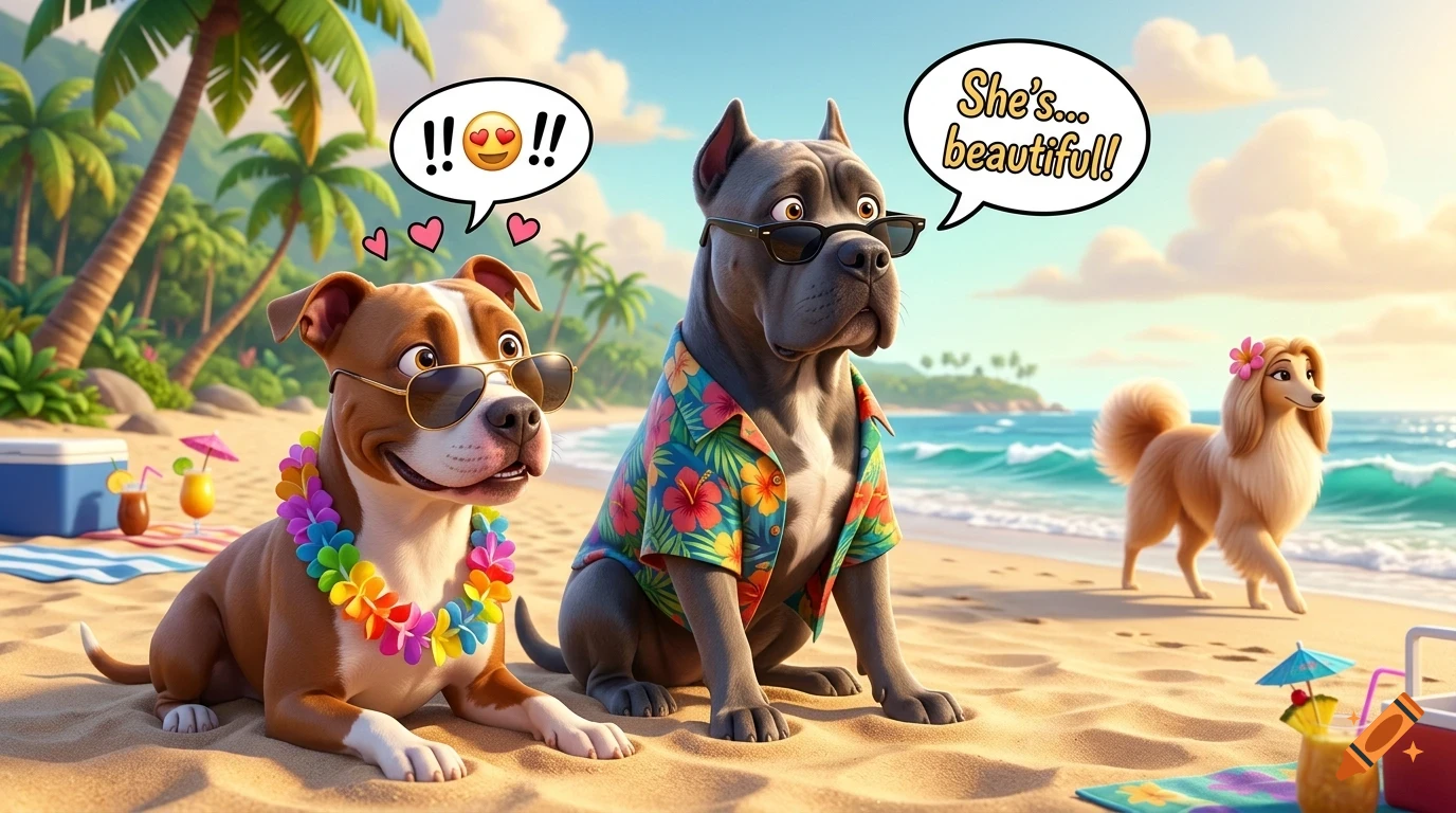 Three cartoon dogs wearing sunglasses and tropical gear relax on a sunny beach with palm trees, with speech bubbles showing thoughts.