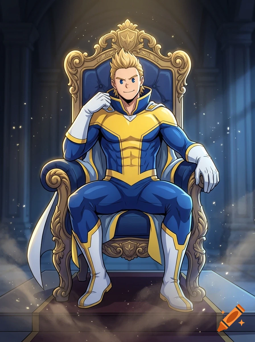 An anime-style illustration of a male superhero with blonde hair sitting regally on an ornate, high-backed golden throne in a dark hall.