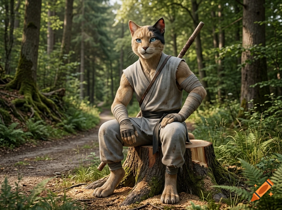 Photorealistic image of a male Tabaxi monk with light brown fur and icy blue eyes sitting on a tree stump in a forest.
