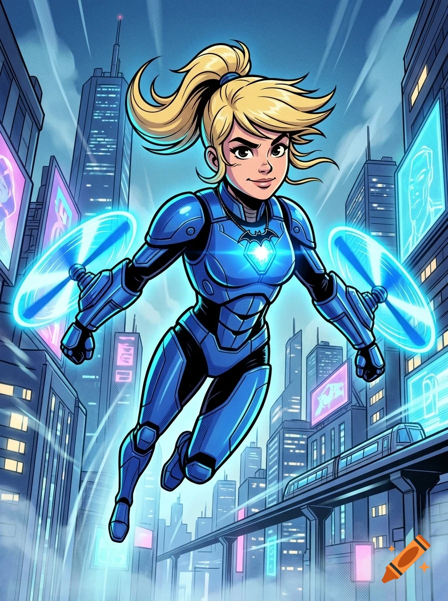 An action-oriented digital illustration of a blonde female superhero flying through a futuristic city, wearing glowing blue armor and hovering with wrist-mounted drone discs.