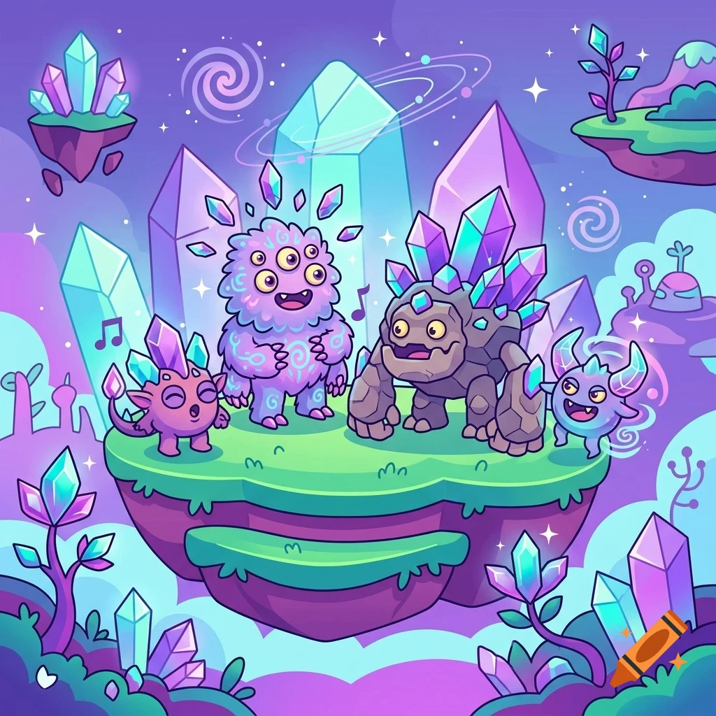 A colorful cartoon illustration of four fantasy crystal monsters singing on a floating island surrounded by glowing crystals and planets in a magical sky.