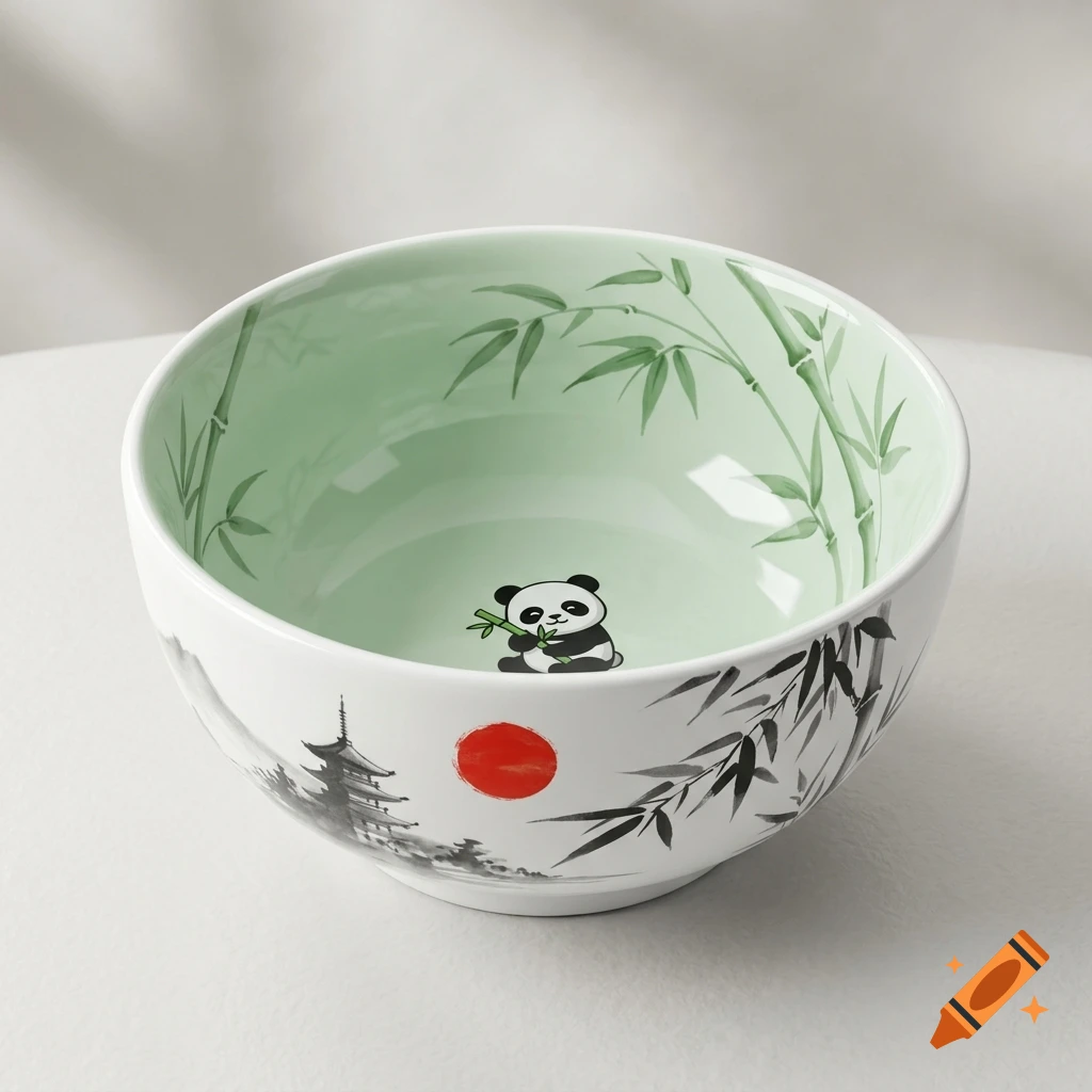 A white and pastel green ceramic bowl mockup featuring a traditional Japanese sumi-e ink painting of a pagoda, a red sun, bamboo, and a cute panda at the bottom center.