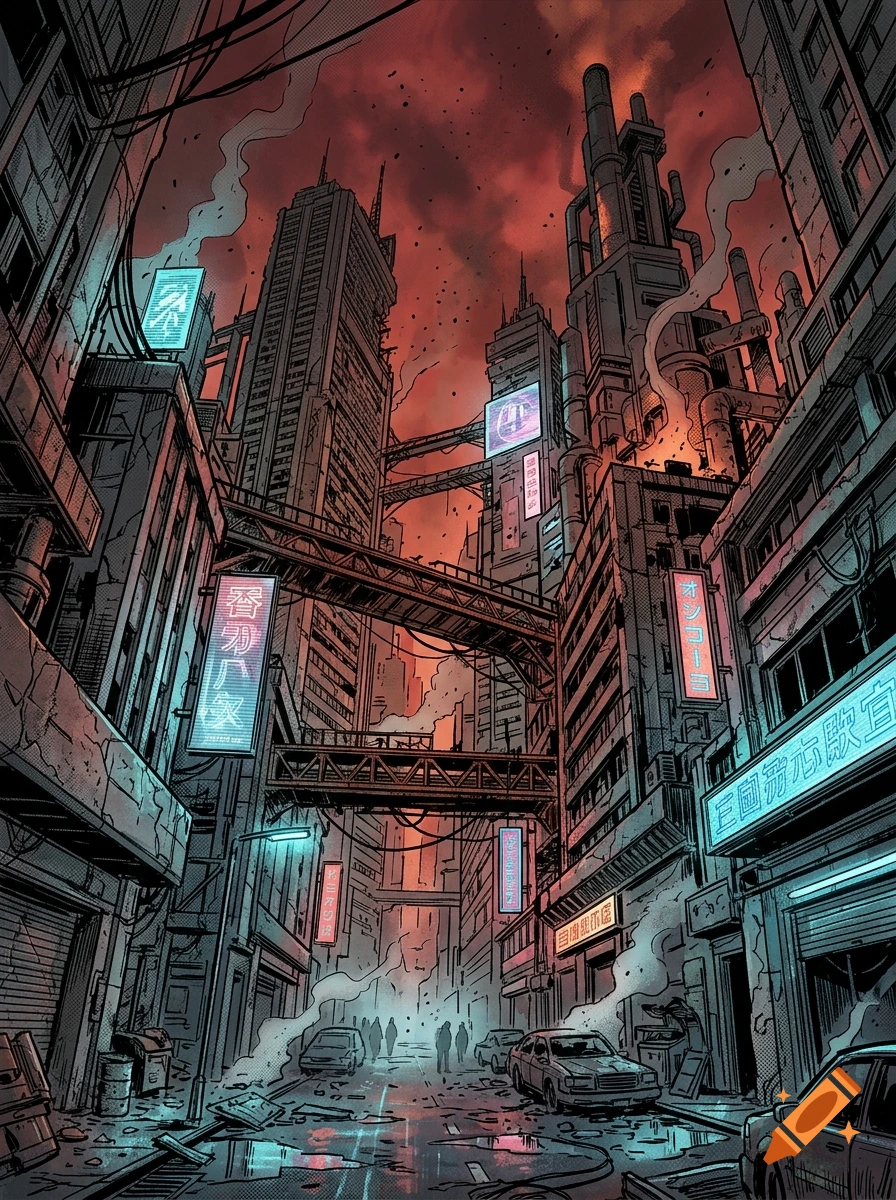 Comic book style illustration of a dystopian cyberpunk city street with towering industrial buildings, glowing neon signs, and smoke under a red sky.