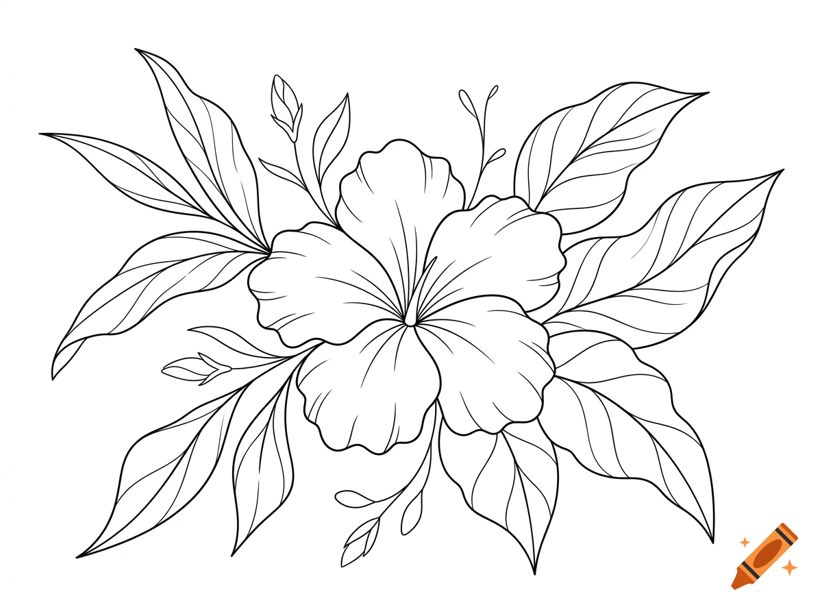 Black and white line art of a large tropical flower surrounded by leaves and buds, suitable for coloring.