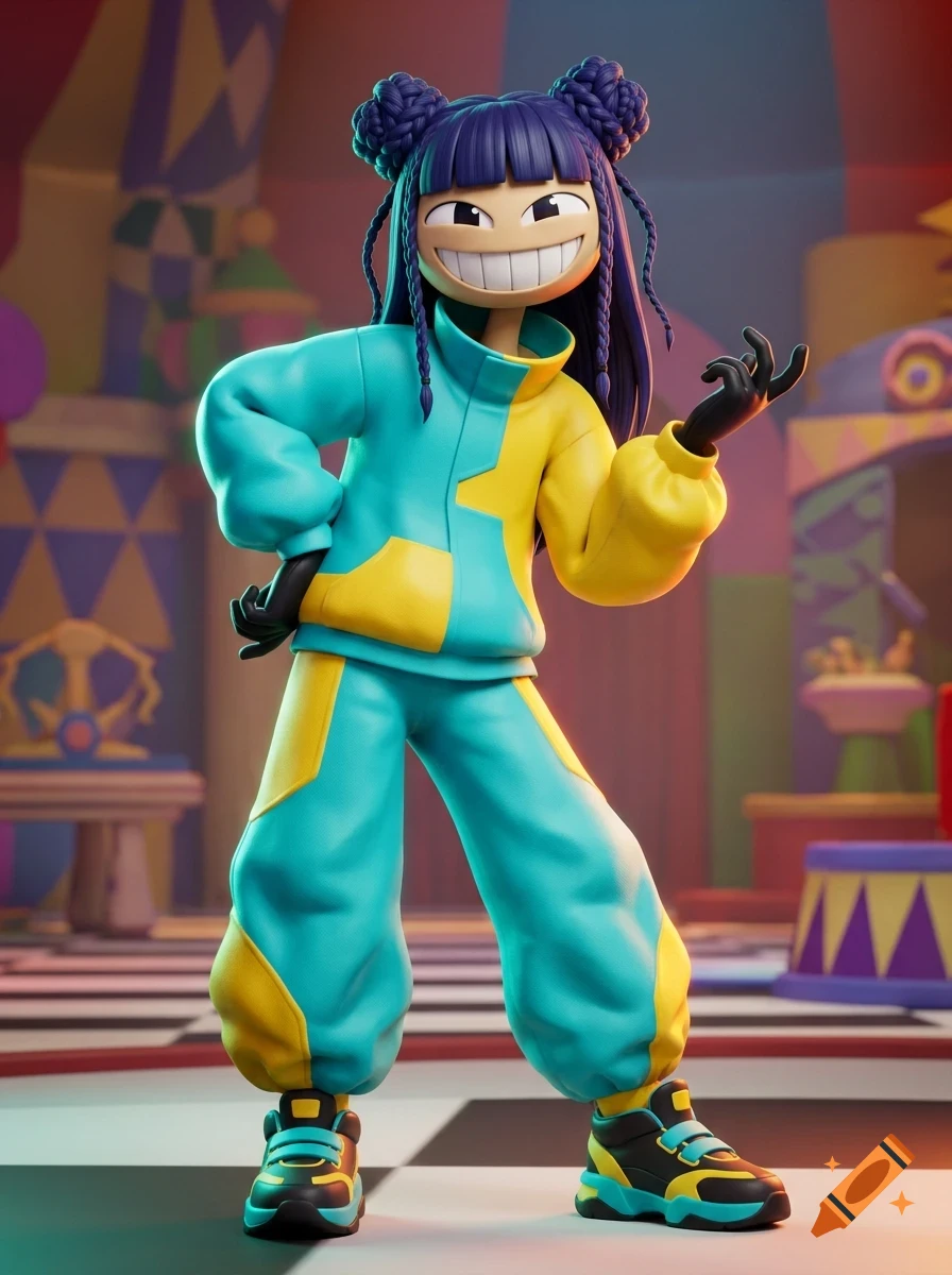 A 3D character with dark blue braided hair, a wide grin, and a teal and yellow outfit standing in a colorful room.