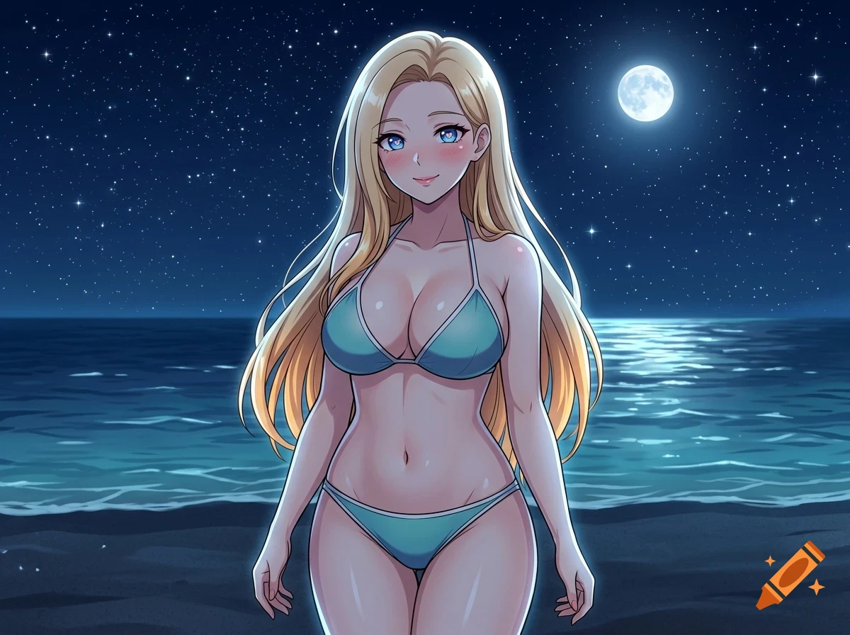 An anime-style illustration of a blonde woman in a turquoise bikini standing on a beach at night under a full moon and starry sky.