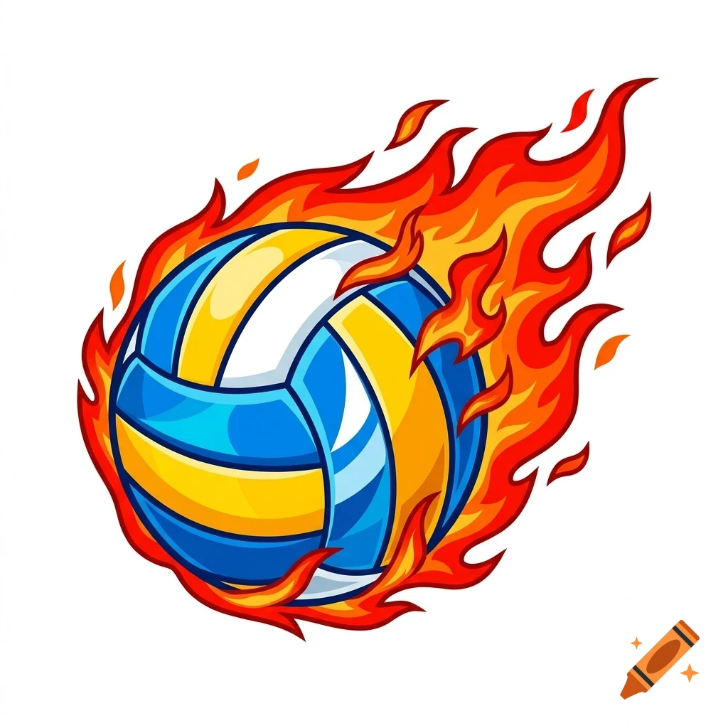 A colorful volleyball engulfed in bright orange and red flames, depicted in a dynamic vector illustration style.