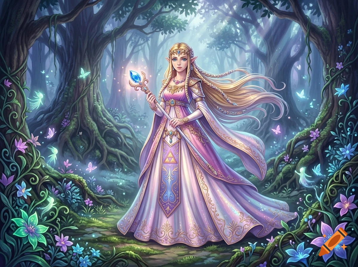 An elf-like woman in a flowing purple dress holds a glowing magical staff in an enchanted forest with glowing flowers and butterflies.