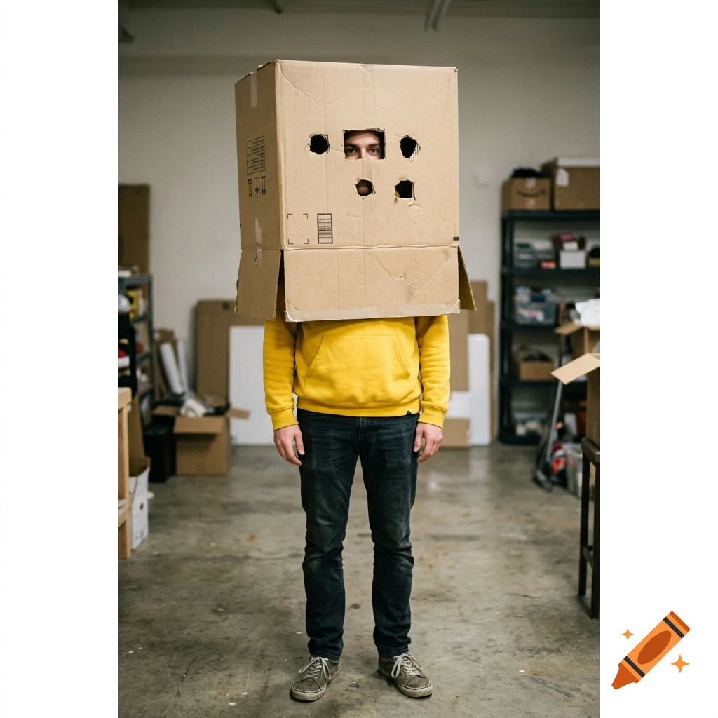 Man wearing a cardboard box on his head with eyeholes cut out, wearing a yellow hoodie and jeans, standing in a warehouse.