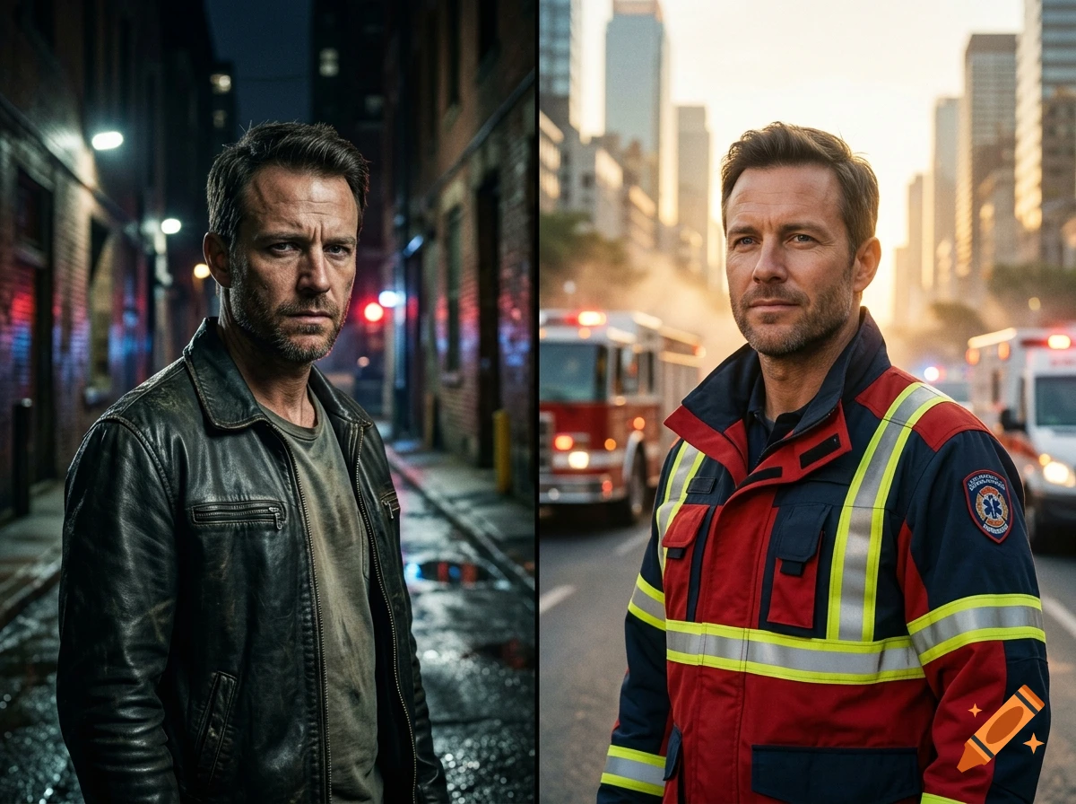 Split image showing a rugged man as a criminal in a dark alley on the left and as a firefighter in uniform on the right.