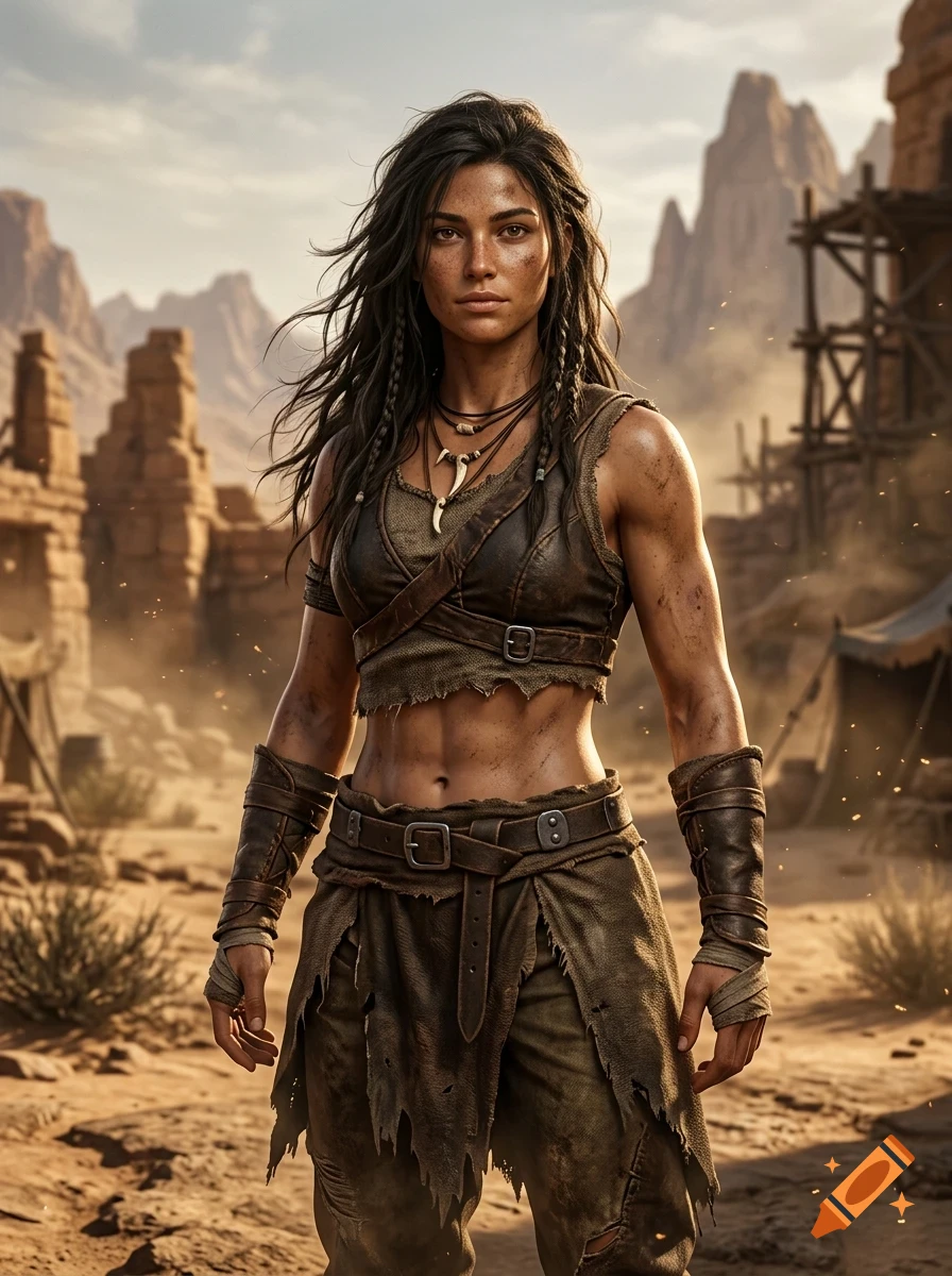 A portrait of a rugged female warrior standing in a desert landscape with rocky cliffs and rustic wooden structures.