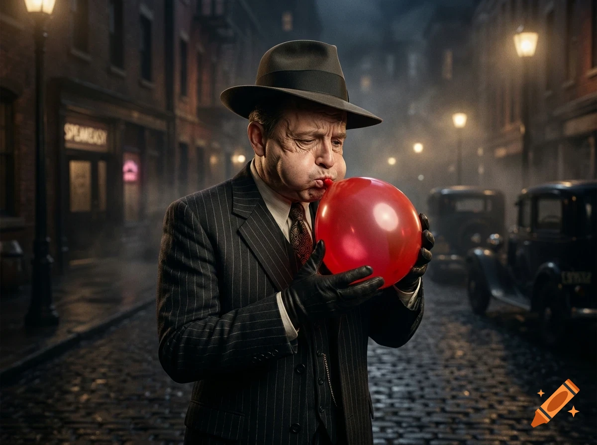 A man in a fedora and pinstripe suit stands on a cobblestone street at night, blowing up a bright red balloon.