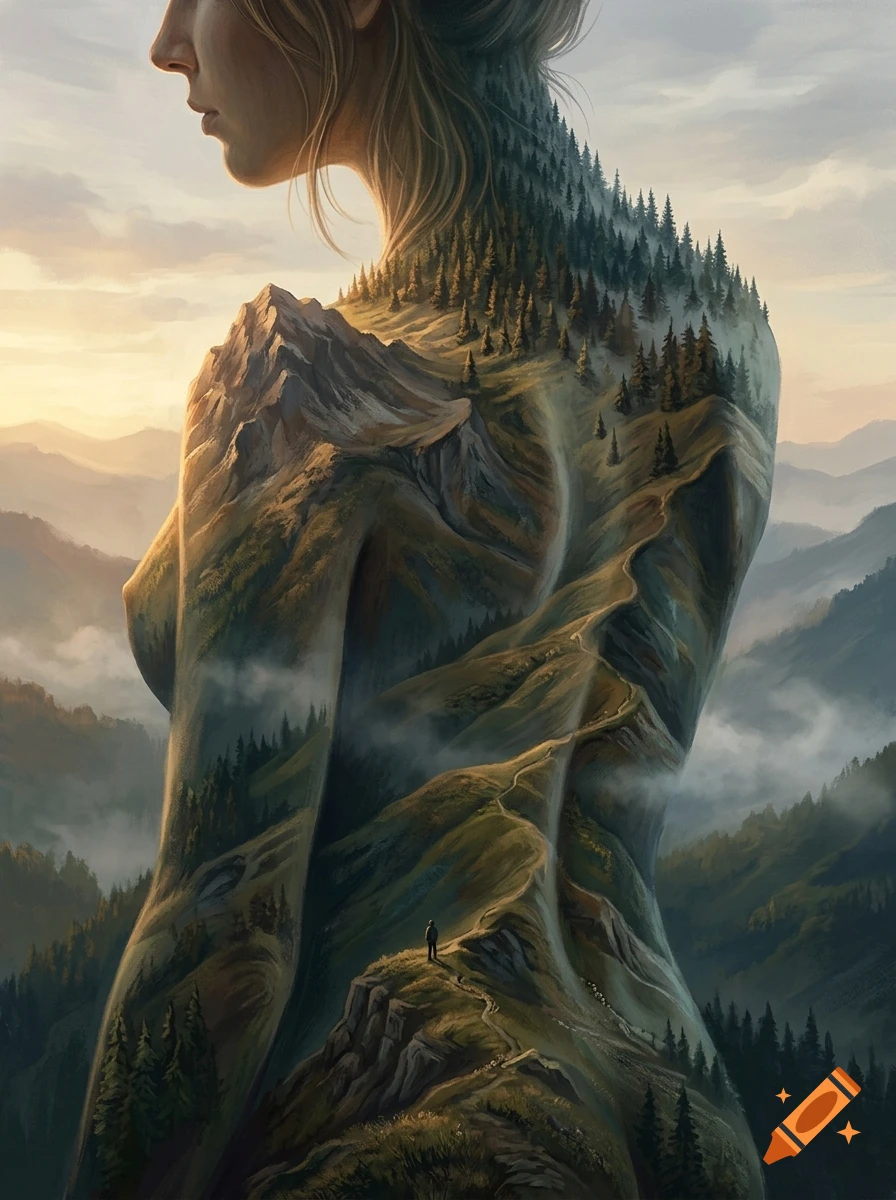Surreal digital painting of a woman's profile and body blending into a mountain landscape with pine trees and a tiny hiker.