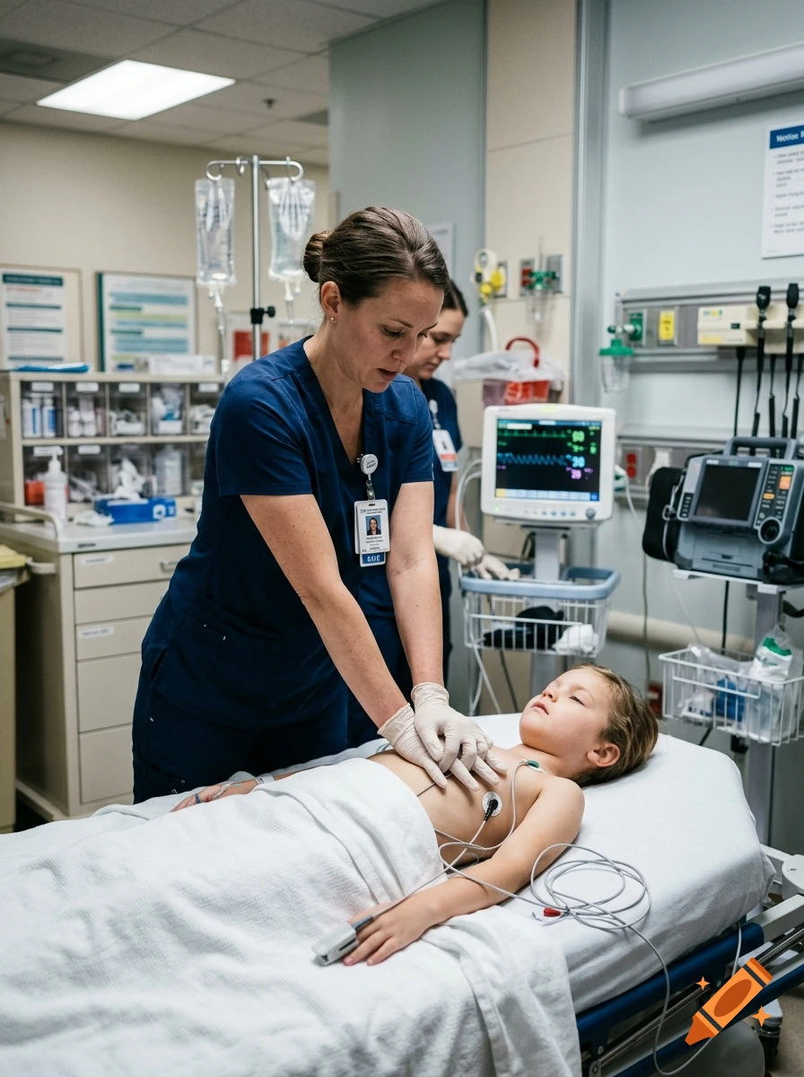 Photorealistic image of a female nurse performing CPR on a pediatric patient in a hospital room.