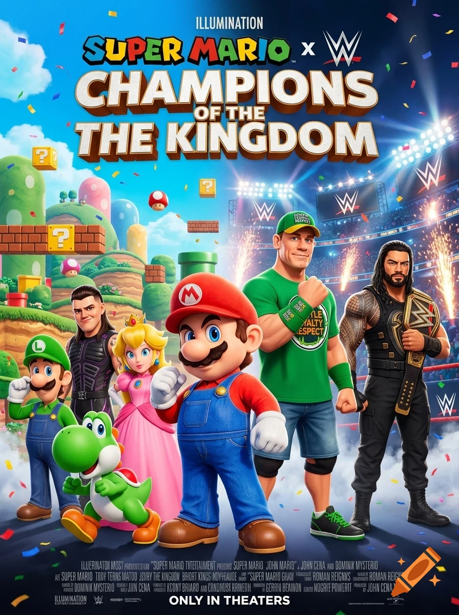 A movie poster featuring Super Mario characters alongside WWE wrestlers standing in a stadium setting.