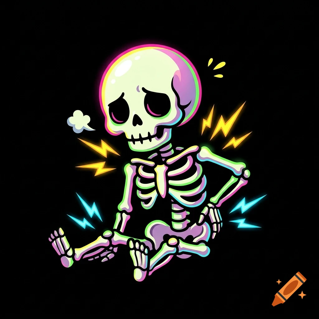 A cartoon skeleton with a sad expression and rainbow highlights sits in the dark, surrounded by glowing lightning bolts indicating pain.