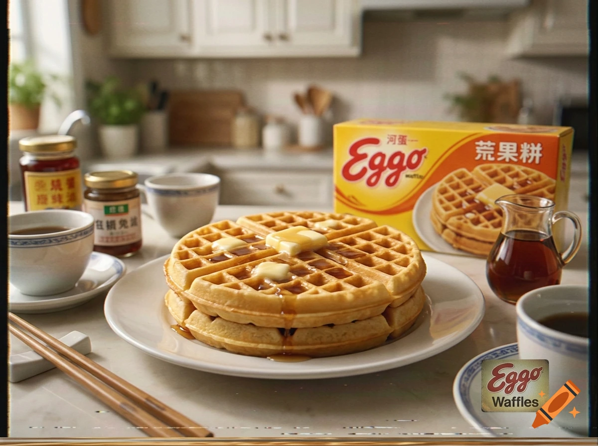Vintage 1989 commercial style photo of a stack of waffles with butter and syrup on a plate, alongside a box of Eggo waffles and coffee cups.