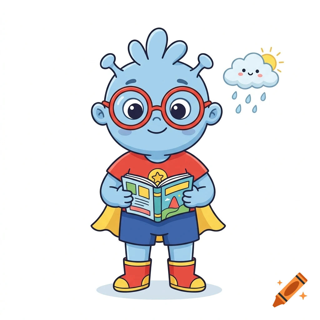 Cute 2D cartoon illustration of a blue alien child superhero wearing glasses and holding a book, with a rainy cloud nearby.