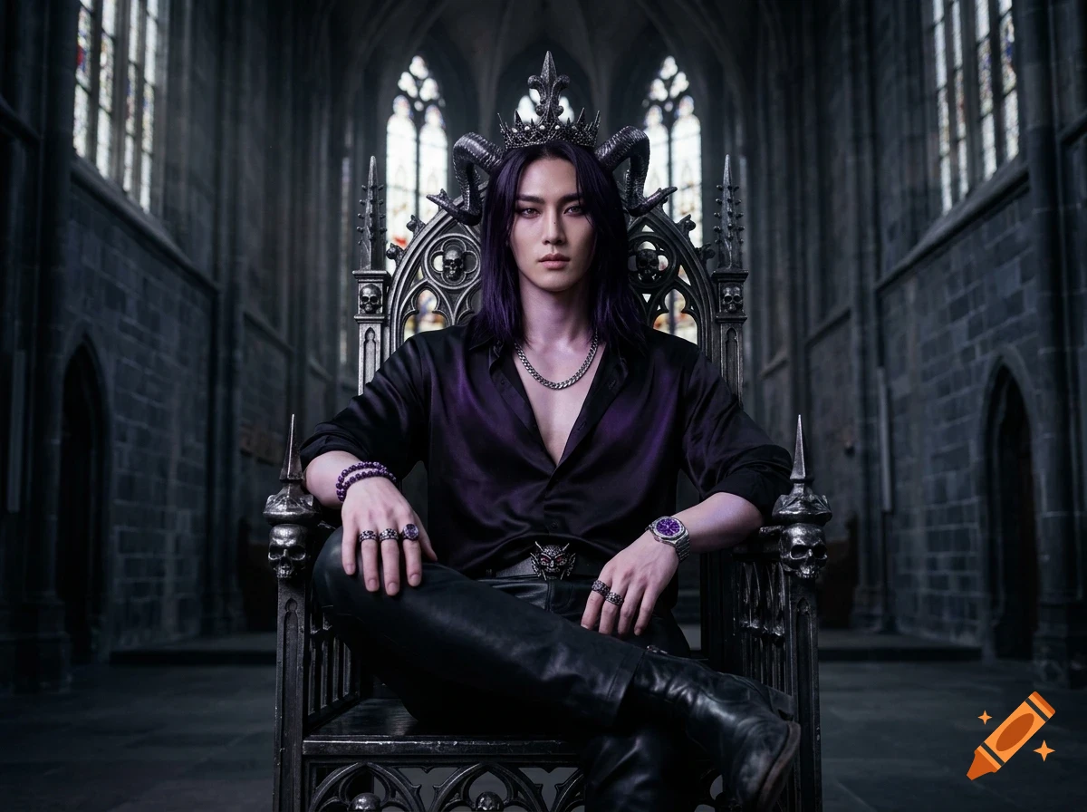 A person with long purple hair and horns on a crown seated on a gothic throne inside a cathedral.
