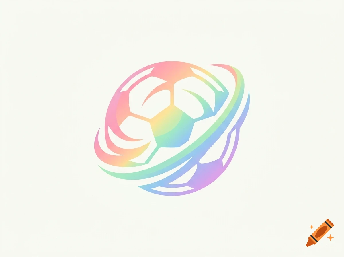 A stylized soccer ball encircled by curved abstract orbital rings, rendered in a soft pastel rainbow gradient on a light cream background.