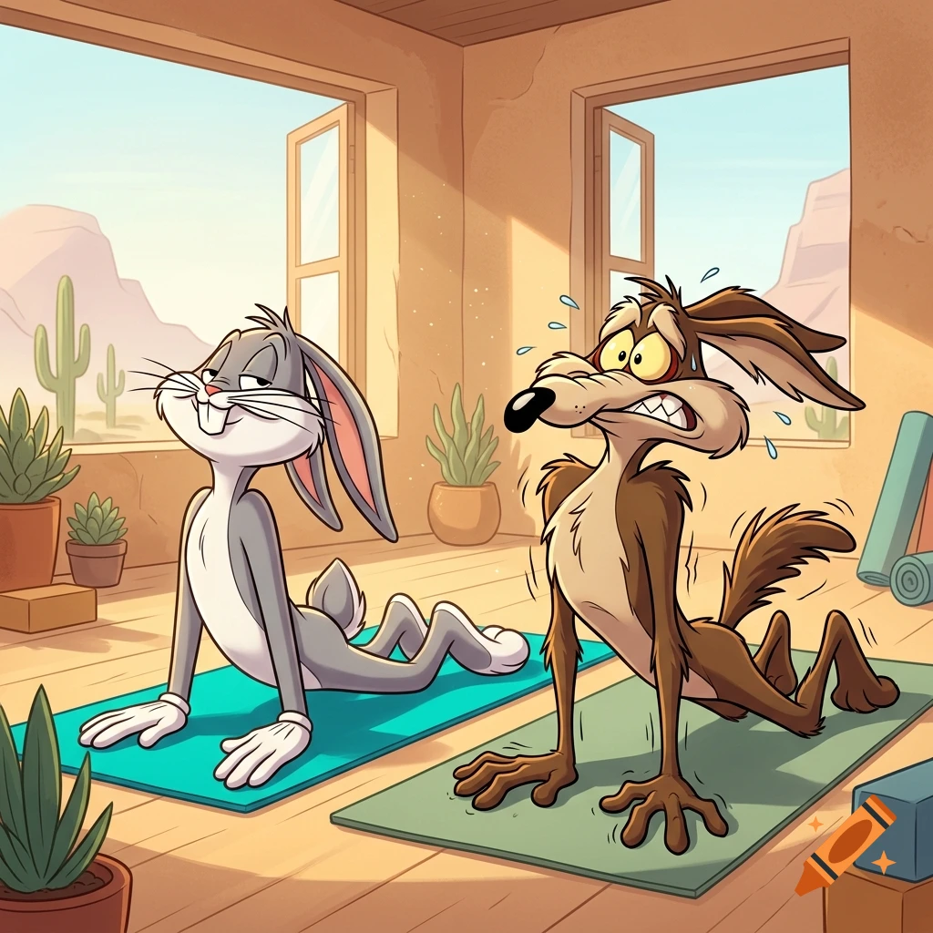 Bugs Bunny and Wile E Coyote performing upward dog yoga poses in a desert-themed room, cartoon style.