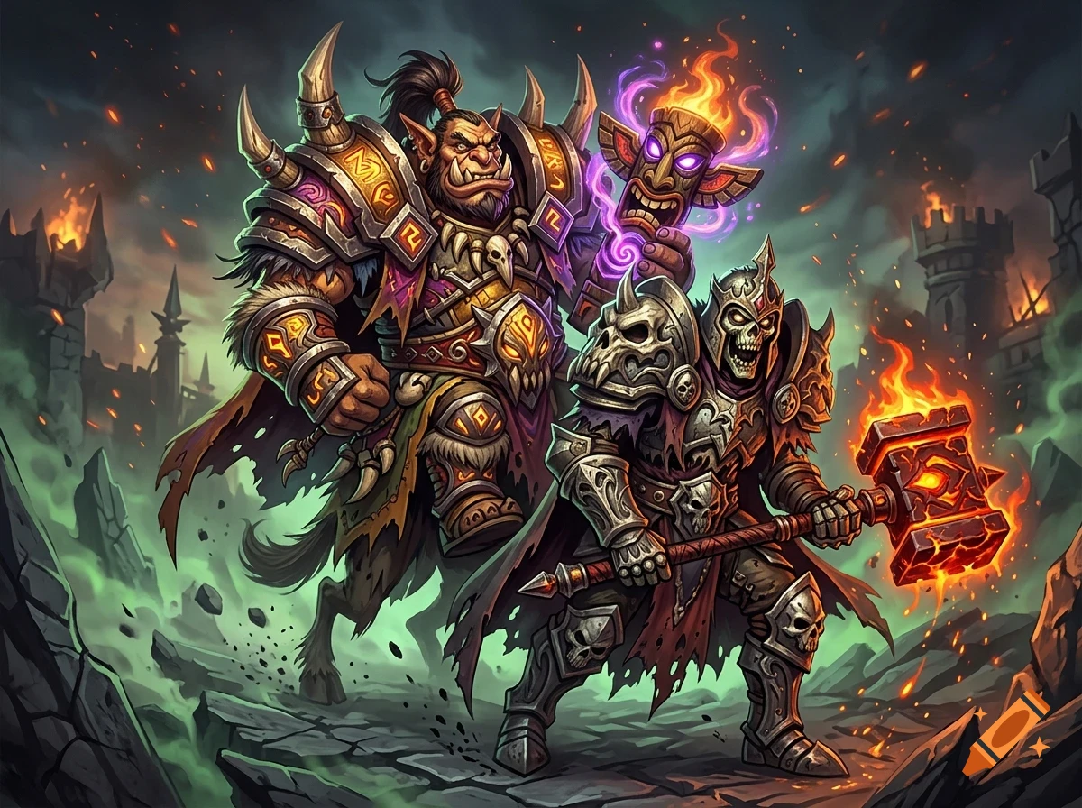 An orc warrior in spiked armor holding a glowing totem and an undead skeleton warrior holding a burning hammer in a fantasy landscape.