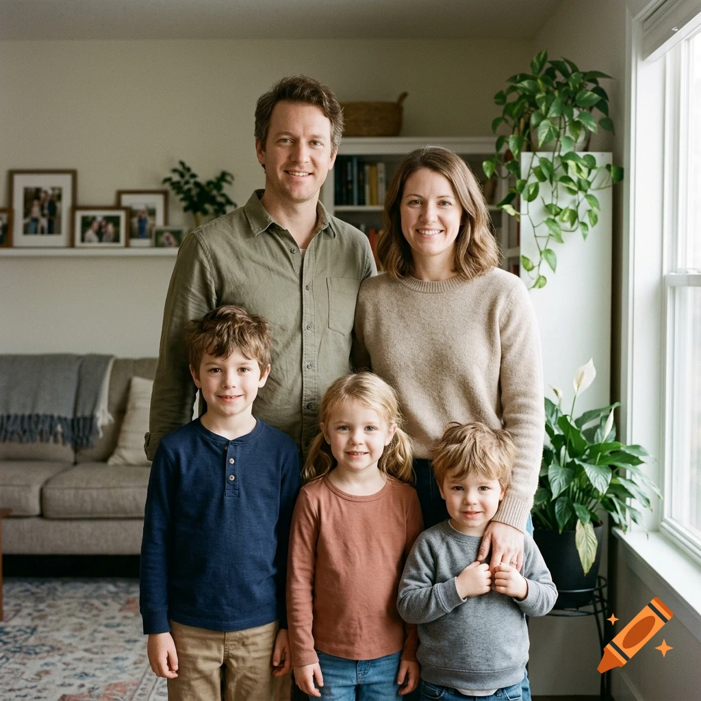 Photorealistic portrait of a family of four standing together in their living room.