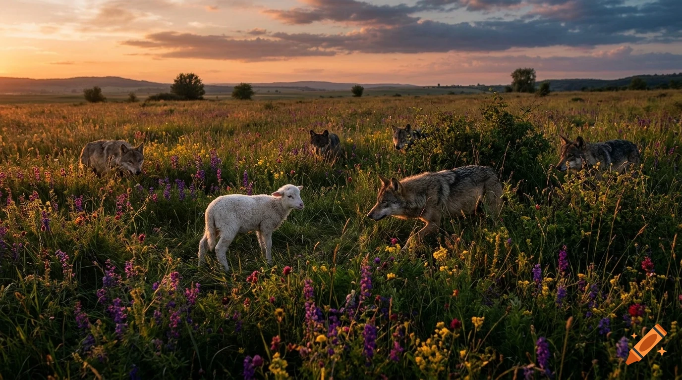 A small white lamb standing in a vibrant meadow with wildflowers at sunset, surrounded by multiple grey wolves.