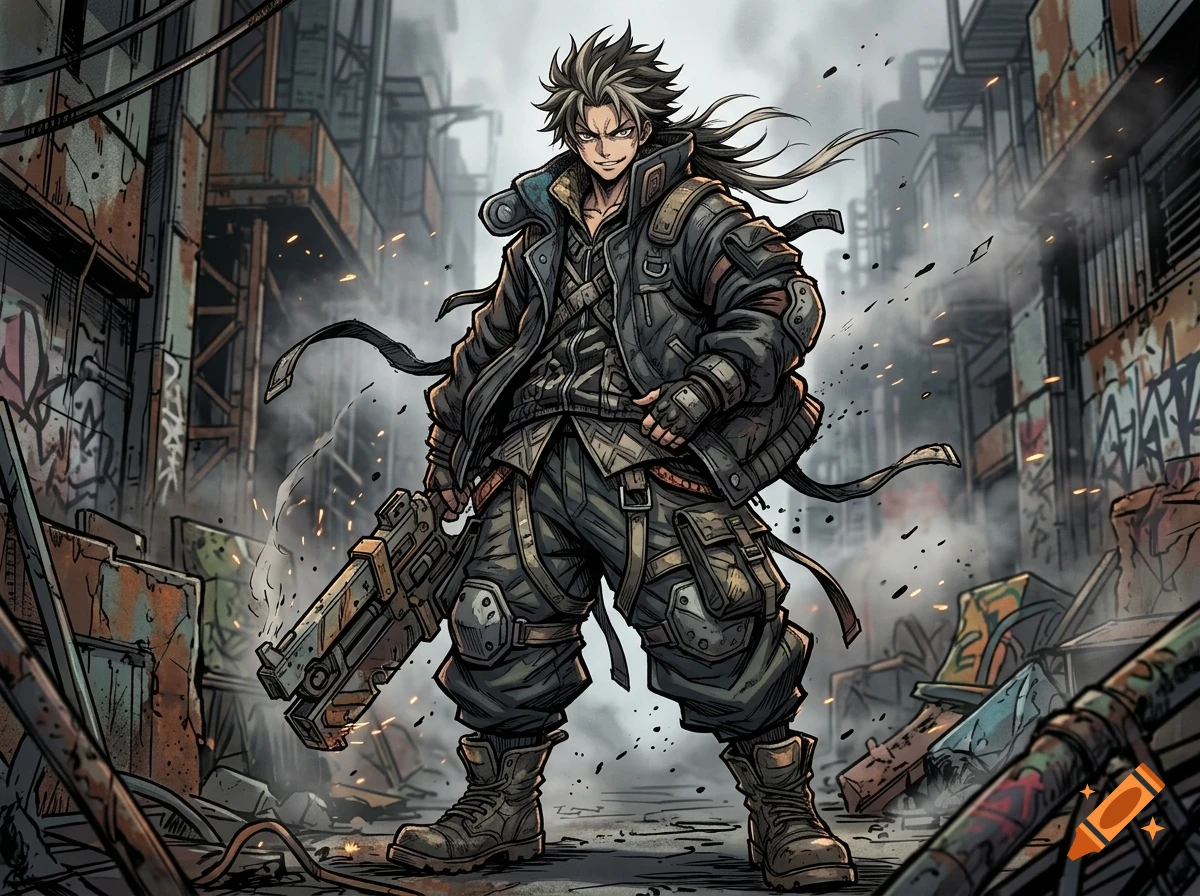An anime-style character in tactical gear holding a large weapon stands in a ruined, futuristic street.