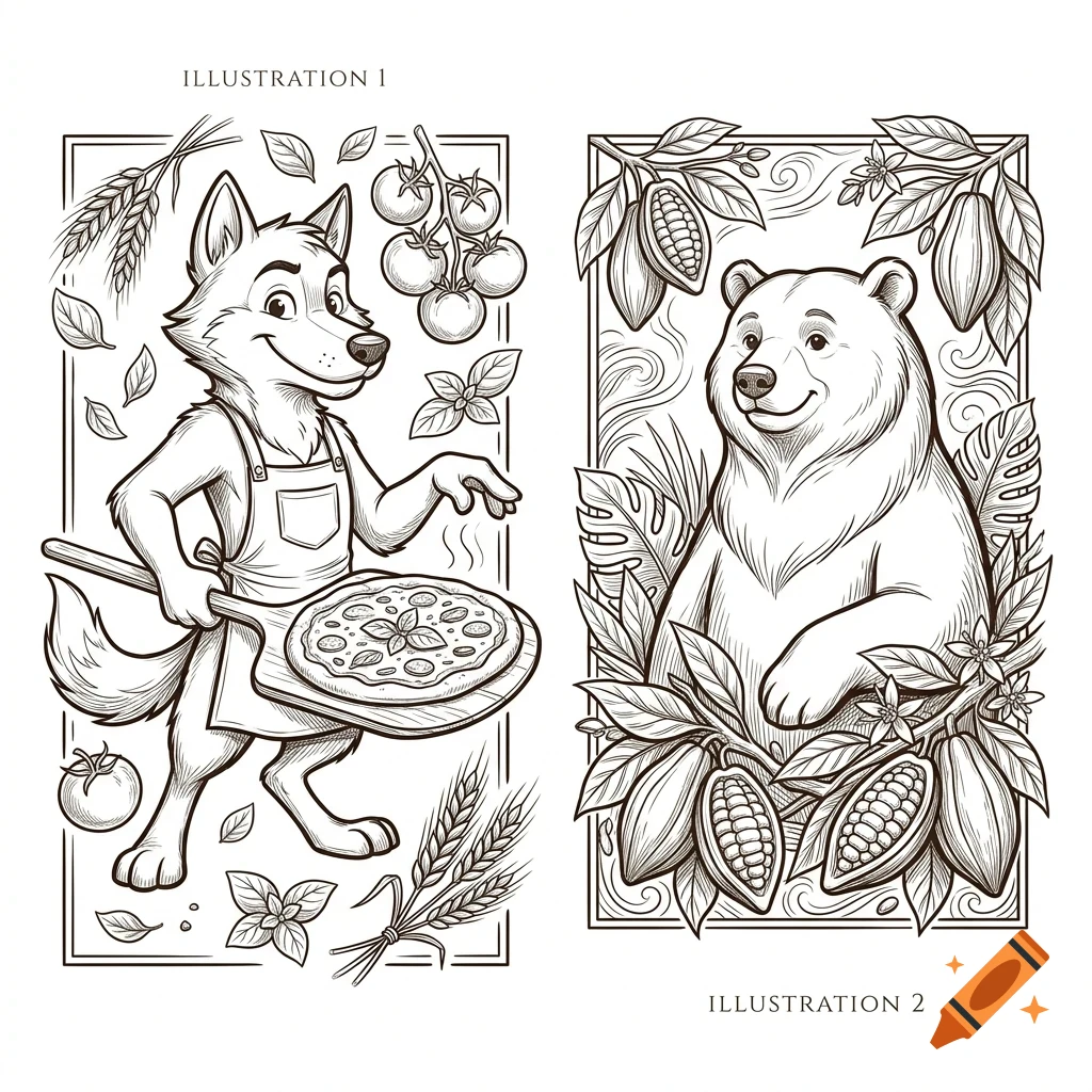 Line art illustration featuring a cartoon wolf holding a pizza paddle with a pizza on it next to tomatoes, basil, and wheat, and a bear surrounded by cocoa pods and foliage.
